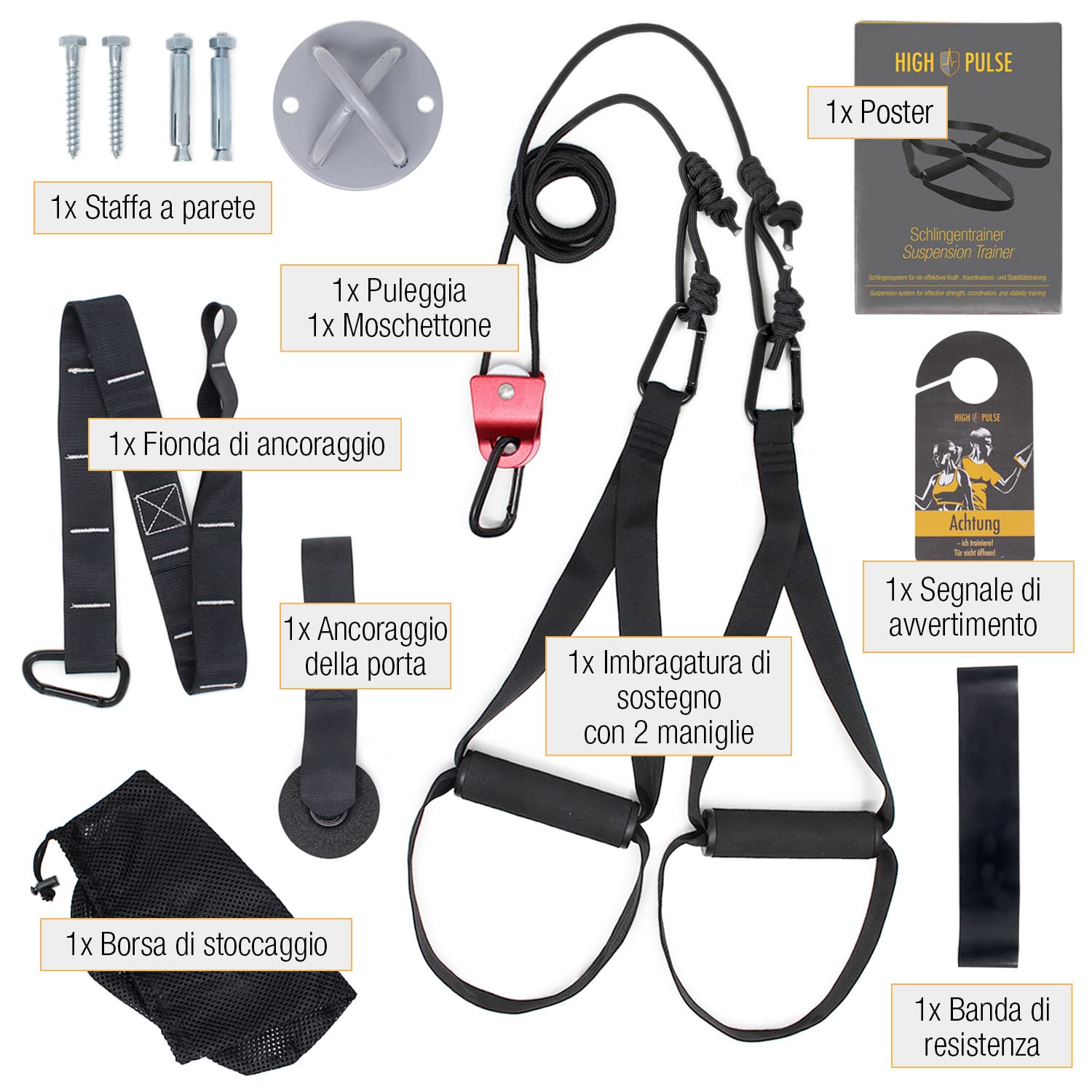 High Pulse Allenamento Sospensione (Set di 7 Accessori) – Suspension Training da casa inclusivo di carrucola, Ancoraggio Porta, Muro, Poster, Borsa, Fascia Fitness e Cartello Porta, TRX