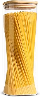 ComSaf Glass Spaghetti Pasta Storage Containers with Lid(71oz), Tall Clear Airtight Food Storage Jar with Bamboo Lid for Noodles Flour Cereal Sugar Beans, Sqaure Spaghetti Pantry Container