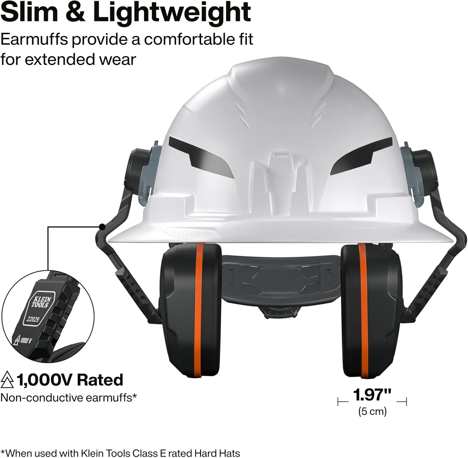 KLEIN TOOLS 22029 Non-Conductive Hard Hat Earmuffs, Up to 27dB NRR, Hearing Protection Earmuffs Compatible with Full Brim, Cap Style, and Safety Helmets, Soft Foam Cushion, Hard Hat Accessories