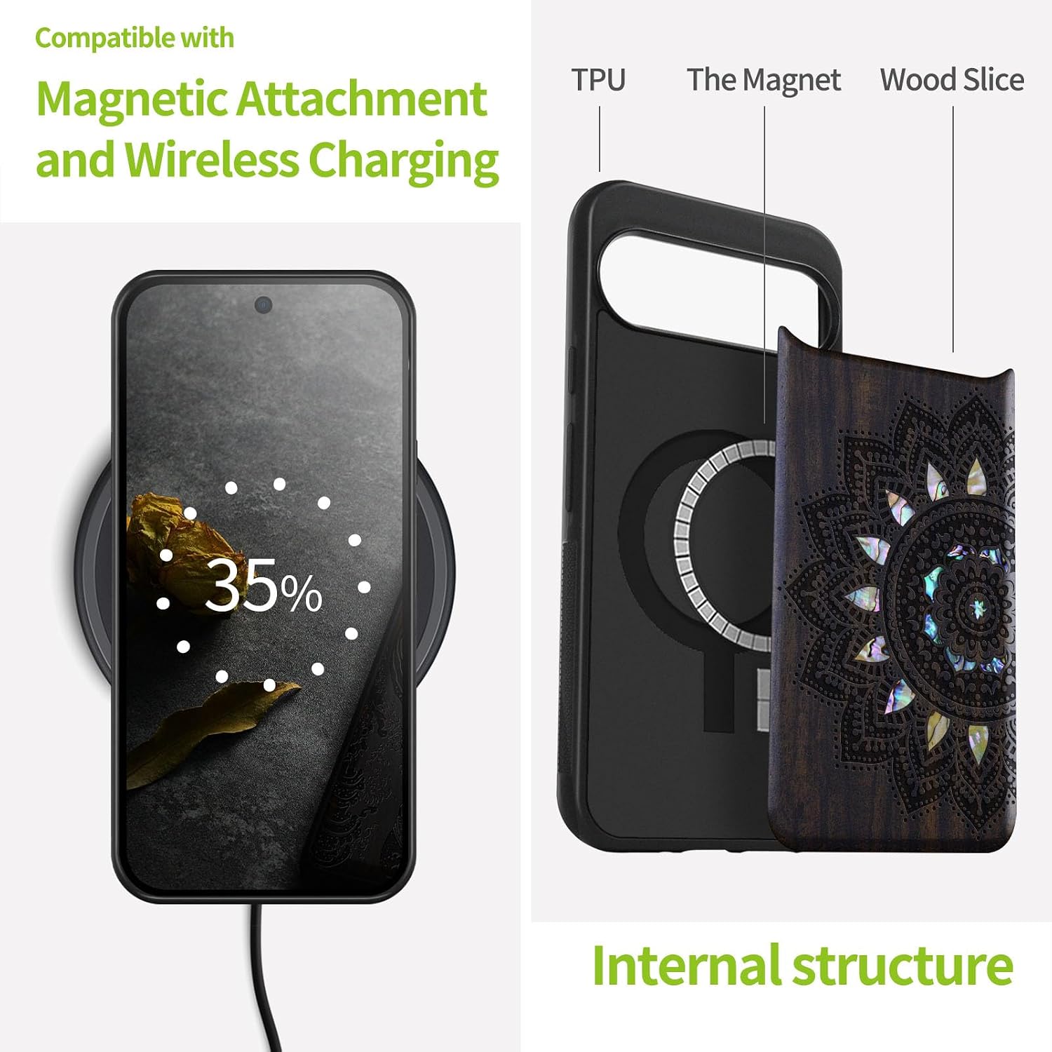 Carveit Magnetic Wooden Case for Google Pixel 9 Case, Wood Artisan Engraved & Handmade Shell Inlaid, Compatible with MagSafe Wireless Chargers, Mandala Art - Blackwood