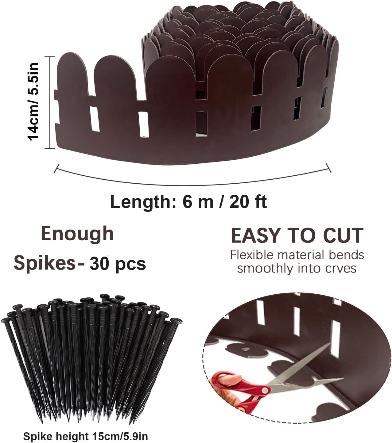 Landscape Edging Border 5.5IN x 20FT with 30pcs Anchoring Spikes,Garden Borders Edging Arched Design for Tree,Flowerbed,Yard,Path Way,Decorative Landscaping Fence Liner Lawn Edge Barrier -Brown
