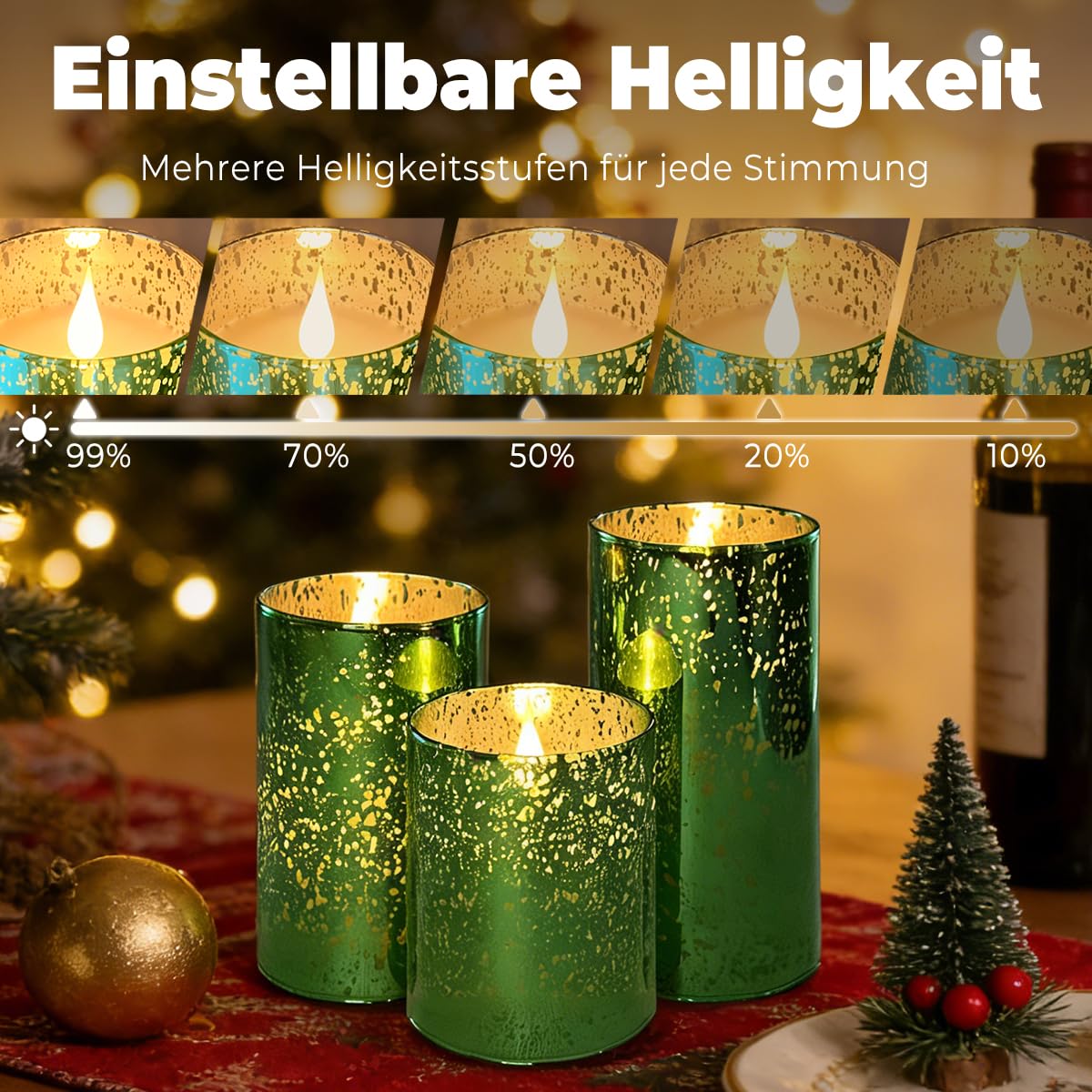 Candele a LED con funzione timer e telecomando, candele in vera cera ricaricabili USB, set da 3 pezzi, verde, fiamma tremolante, 55-100 ore, durata per Natale, camera da letto