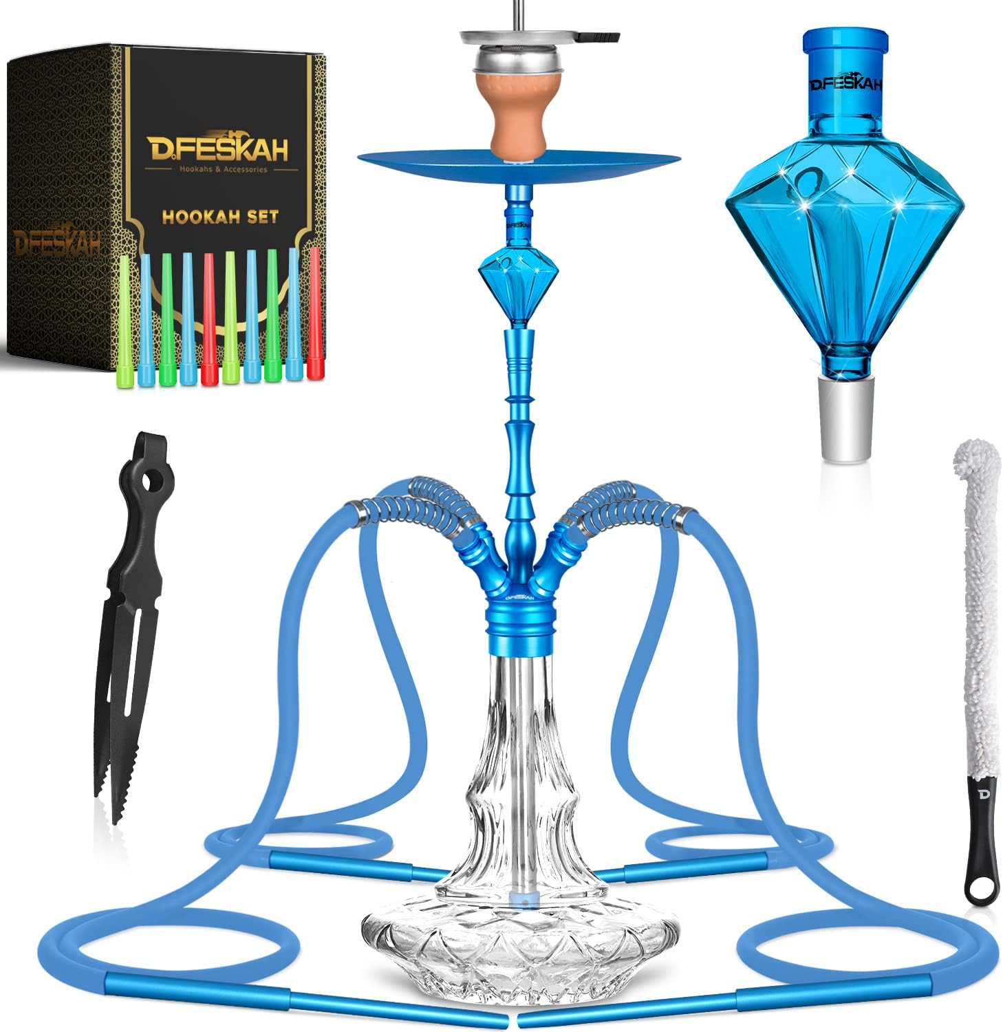 DFESKAH Cachimba grande Aluminio 88cm, Juego de shisha completo 4 mangueras neón 4 conexiones, Colector de molaza, cabezal de arcilla, chimenea, boquilla, cepillo de limpieza, pinzas (turquesa)