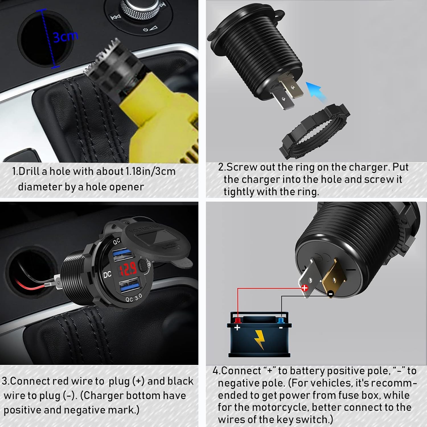 Four-step installation guide for Qidoe car charger: drilling, inserting, securing, and wiring