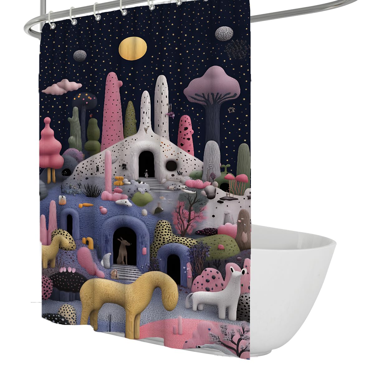 OLLIAR Home Colorful Cartoon Castle Shower Curtains for Bathroom Decor Fantasy Starry Sky Bath Curtain Waterproof Shower Curtain Set with Hooks 200x200cm
