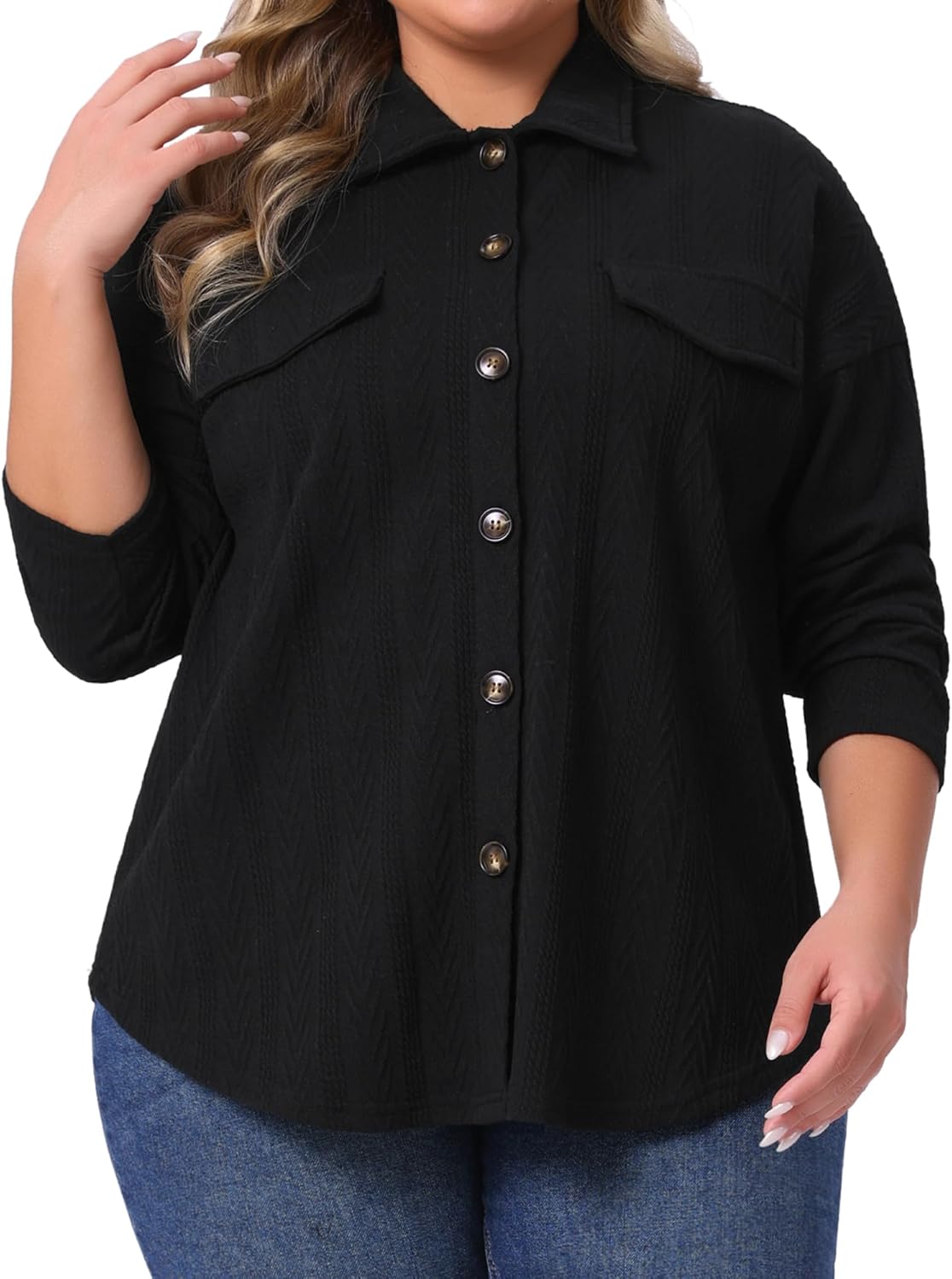 Agnes Orinda Plus Size Knit Shacket Jacket for Women Casual Long Sleeve Lapel Button Down Shirts Dressy Blouses Tops - Image 2