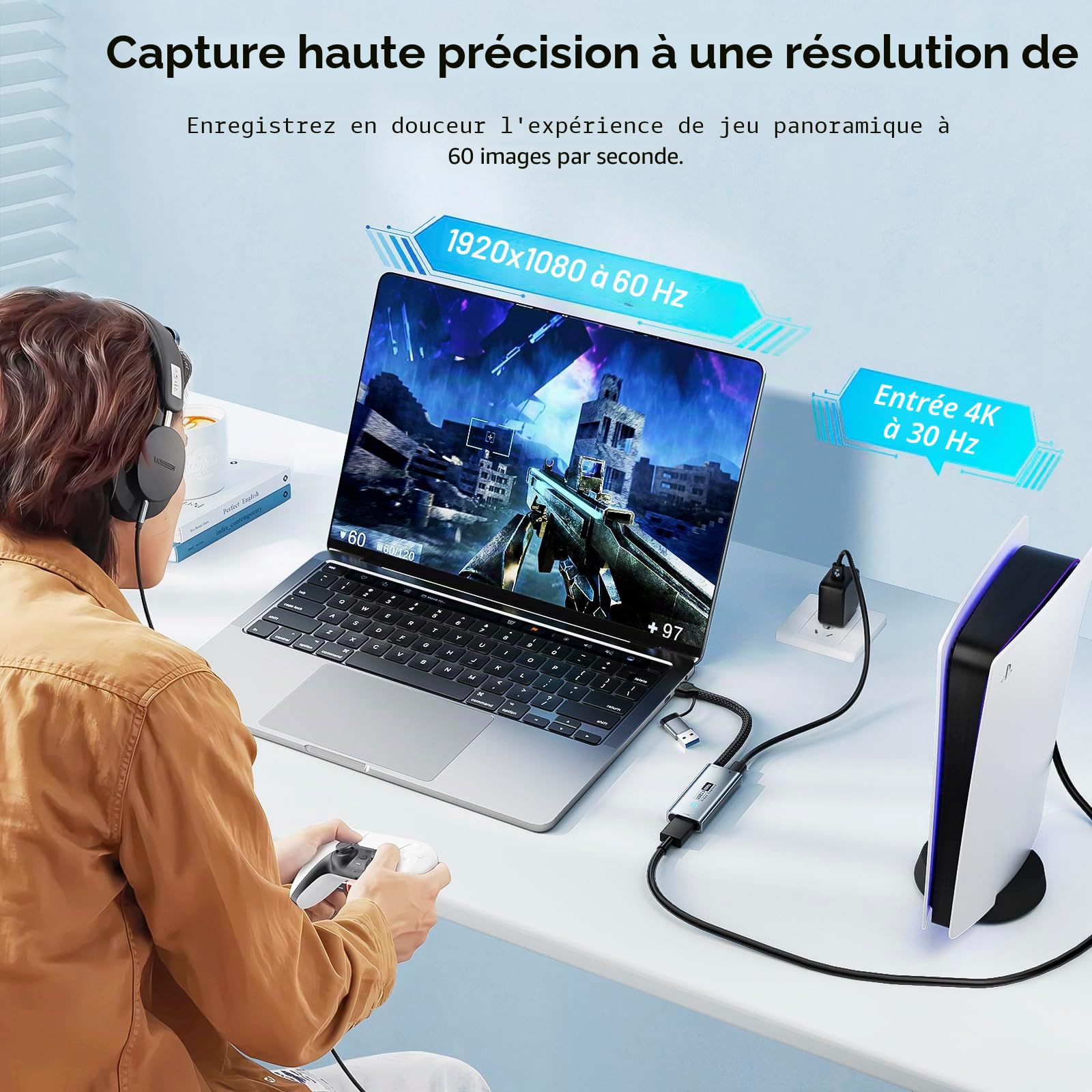 Papeaso USB 3.0 carte d'acquisition vidéo, HDMI vers USB-A/C avec PD, Capture Vidéo 1440P 30fps & 1080P 60fps, pour le Streaming, l’Enseignement, la Visioconférence ou la Diffusion en Direct