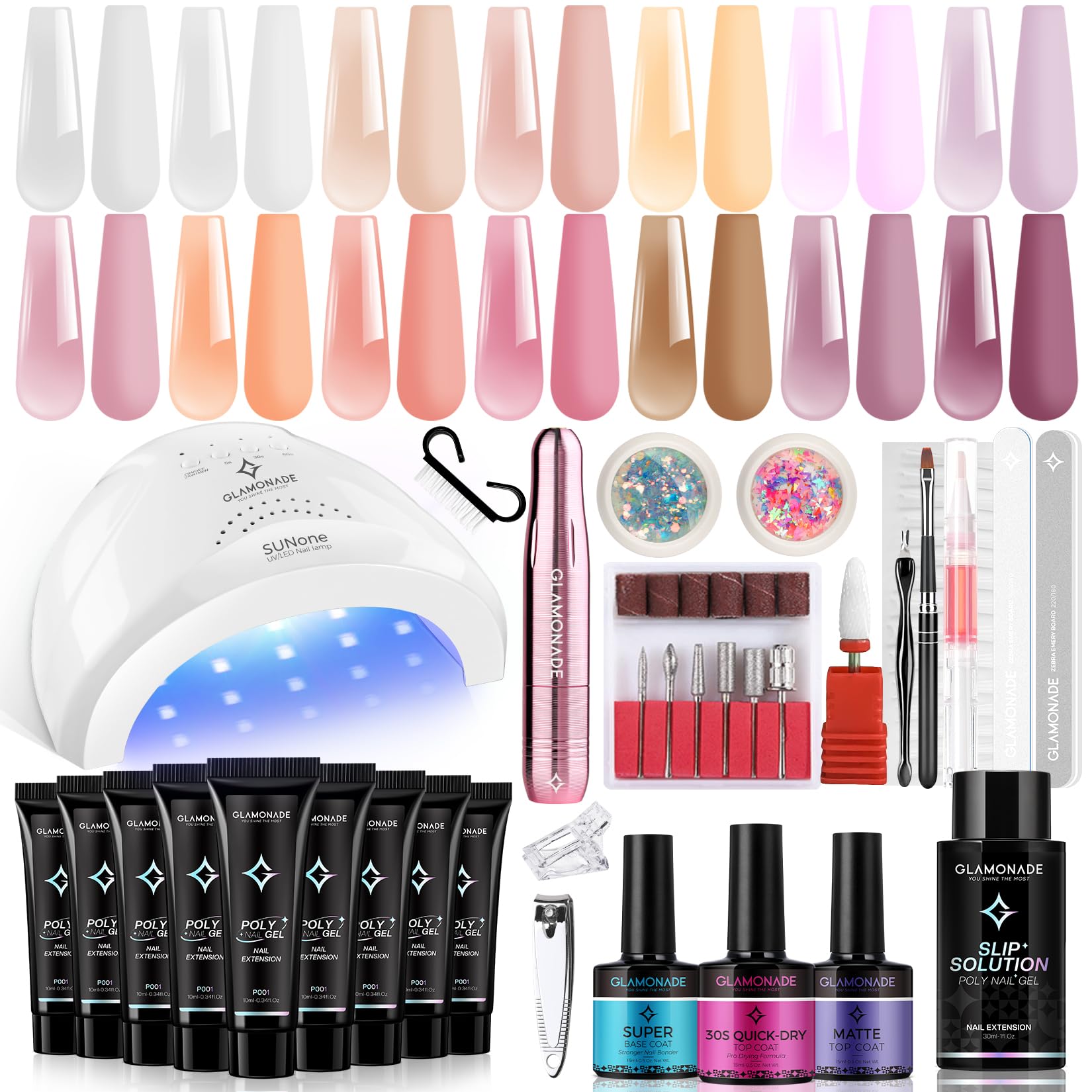 Poly Gel Nail Starter Kit: Nail Drill with 14PC Extended Gel for DIY Art at Home - Salon Quality Home Nail Art Kit Sliding Solution 48W Power U V Lamp