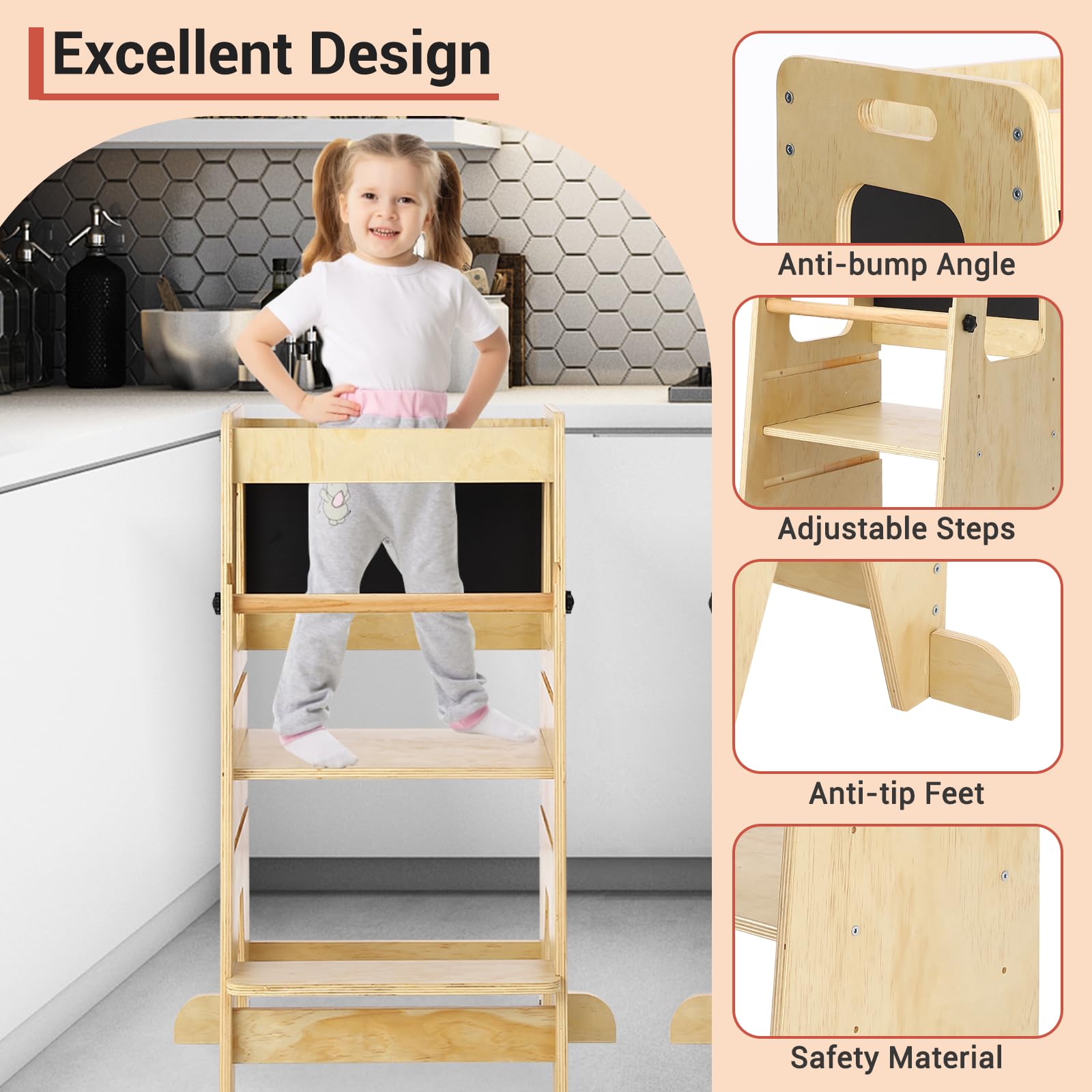 Höhenverstellbarer Kinder Lern-Turm Aus Holz Mit Sicherheitsgeländer, Anti-Rutsch Und Kreidetafel – Multifunktionaler Tritthocker Für Küche, Bad Und Spielbereich, Tragfähigkeit Bis 68 kg