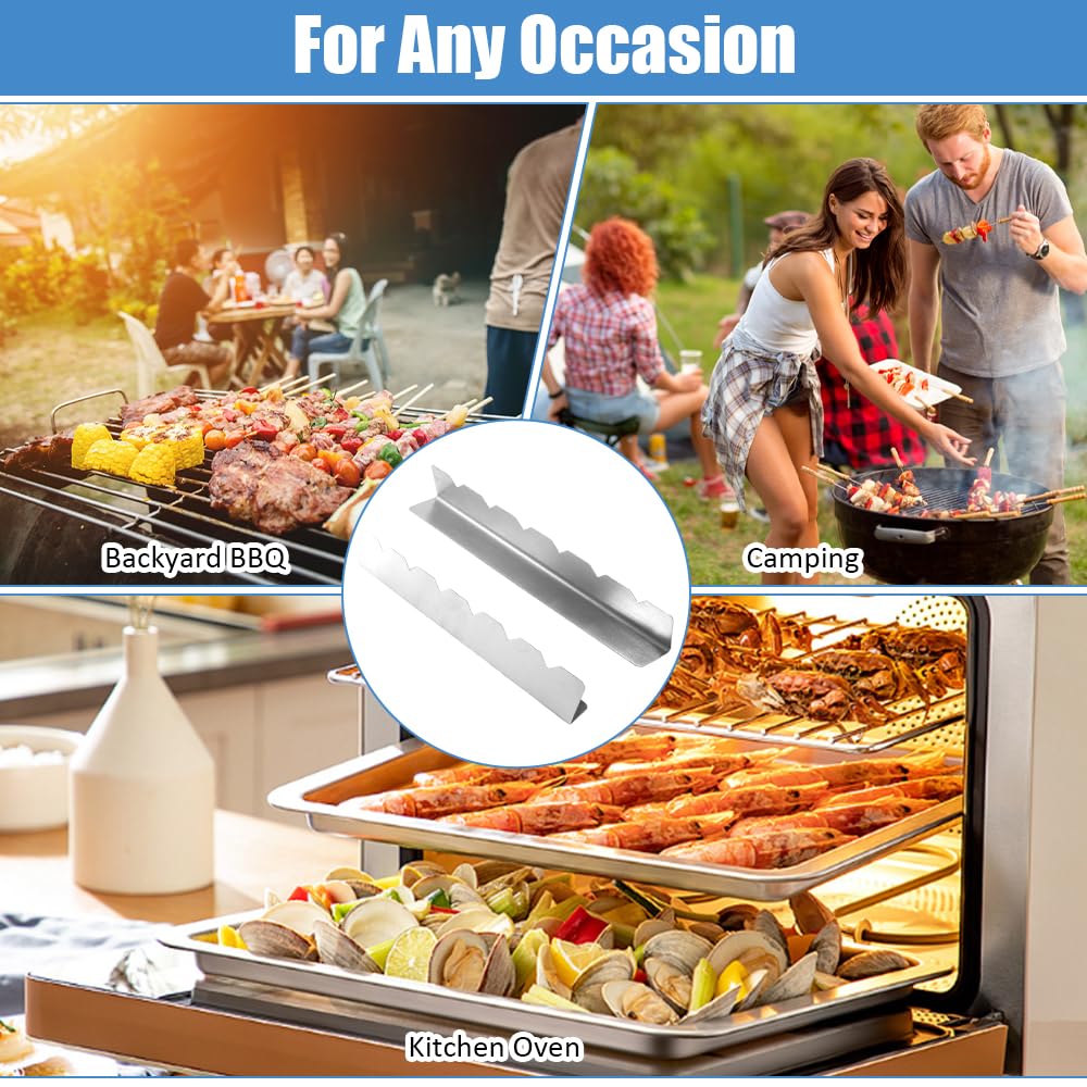 Zestaw 4 uchwytów na szpikulce BBQ ze stali nierdzewnej z 6 nacięciami | Kompatybilne z płaskimi szpikulcami do grillowania na świeżym powietrzu