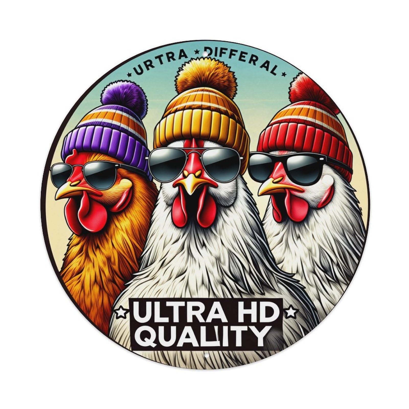 Chicken With Hats And Sunglasses Round Tin Sign Vintage Metal Poster, Home Bar Garage Man Cave Cafe Indoor & Outdoor Wall Decoration 8x8Inches