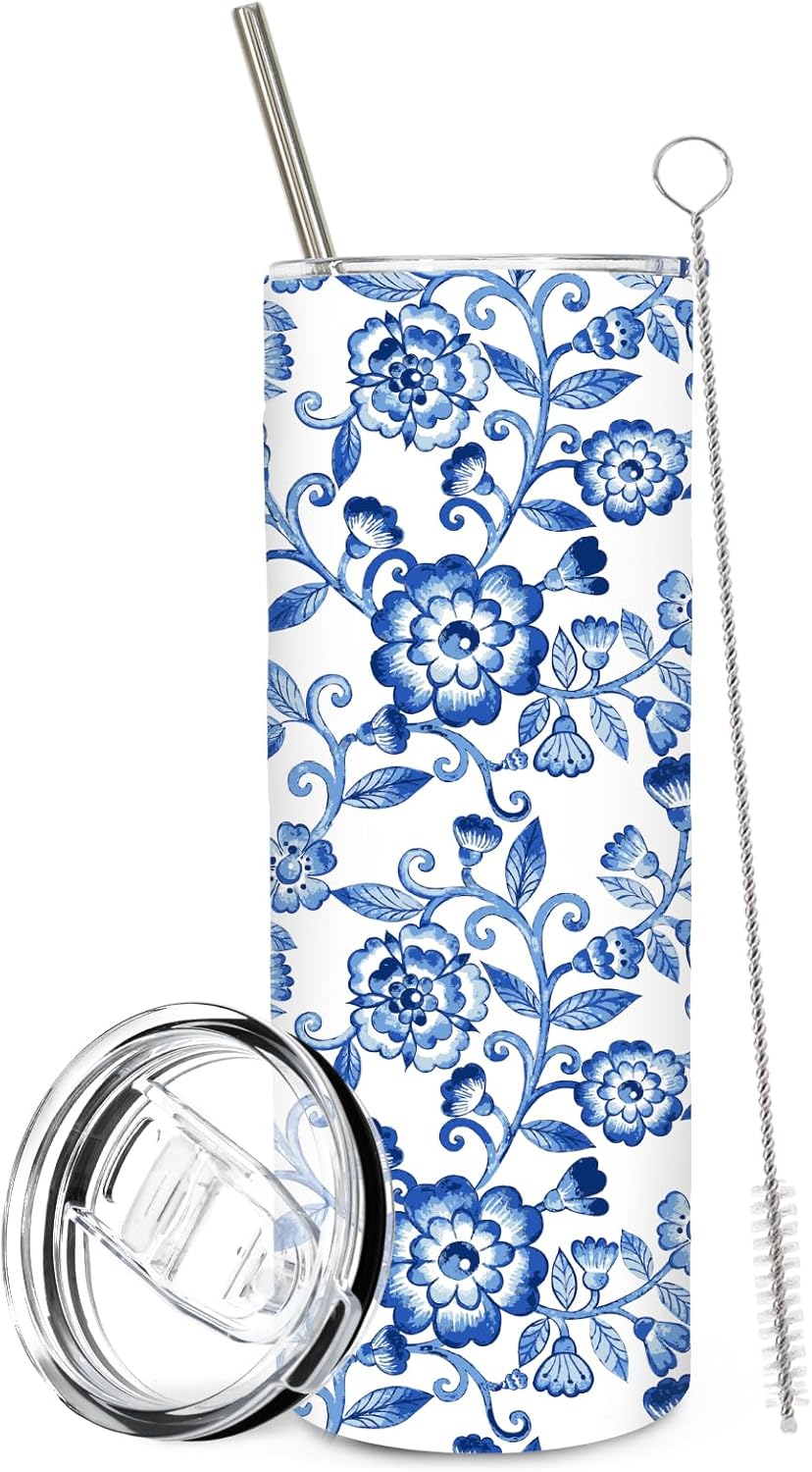 1Pc White and Blue Flower Tumbler with Lid Straw 20oz Chinoiserie Floral Stainless Steel Travel Tumbler Cup Boxed for Spring Holiday Wedding Birthday Iced Coffee