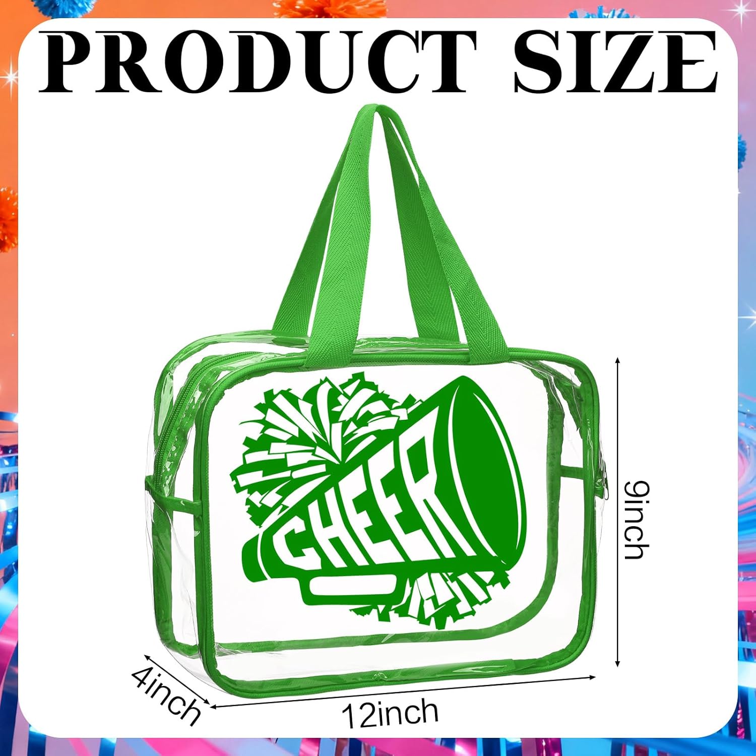 Kacctyen 12 Pcs Cheer Large Clear Toiletry Cosmetic Makeup Bag with Zipper and Handle Cheer Snack Bag Bulk for Team 12 x 9 x 4 Gift Bags Tote Pouch Cheerleading Teammates Party Supplies(Green)