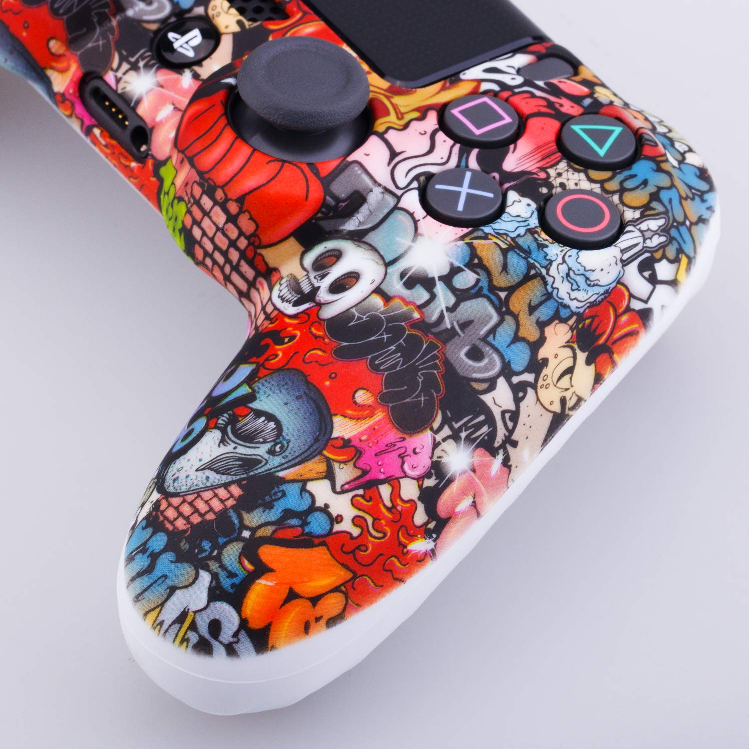 YoRHa Water Transfer Printing Camouflage Silicone Cover Skin Case for PS4/slim/Pro Controller x 1(Skull Graffiti) With Pro thumb grips x 8 — view 3