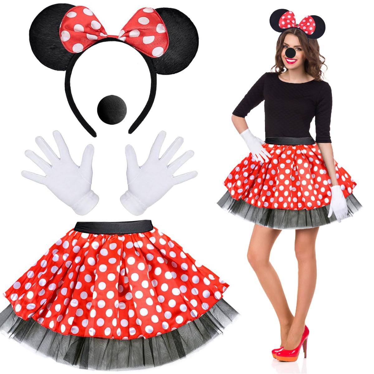 Disfraz de Minnie Mujer, Disfraz de Ratón Mujer, Minnie Disfraces con Tutú de Lunares de Princesa, Orejas de Ratón Aro de Pelo, Guantes y Nariz, Mouse Costume Adulto para Carnaval Halloween Cosplay