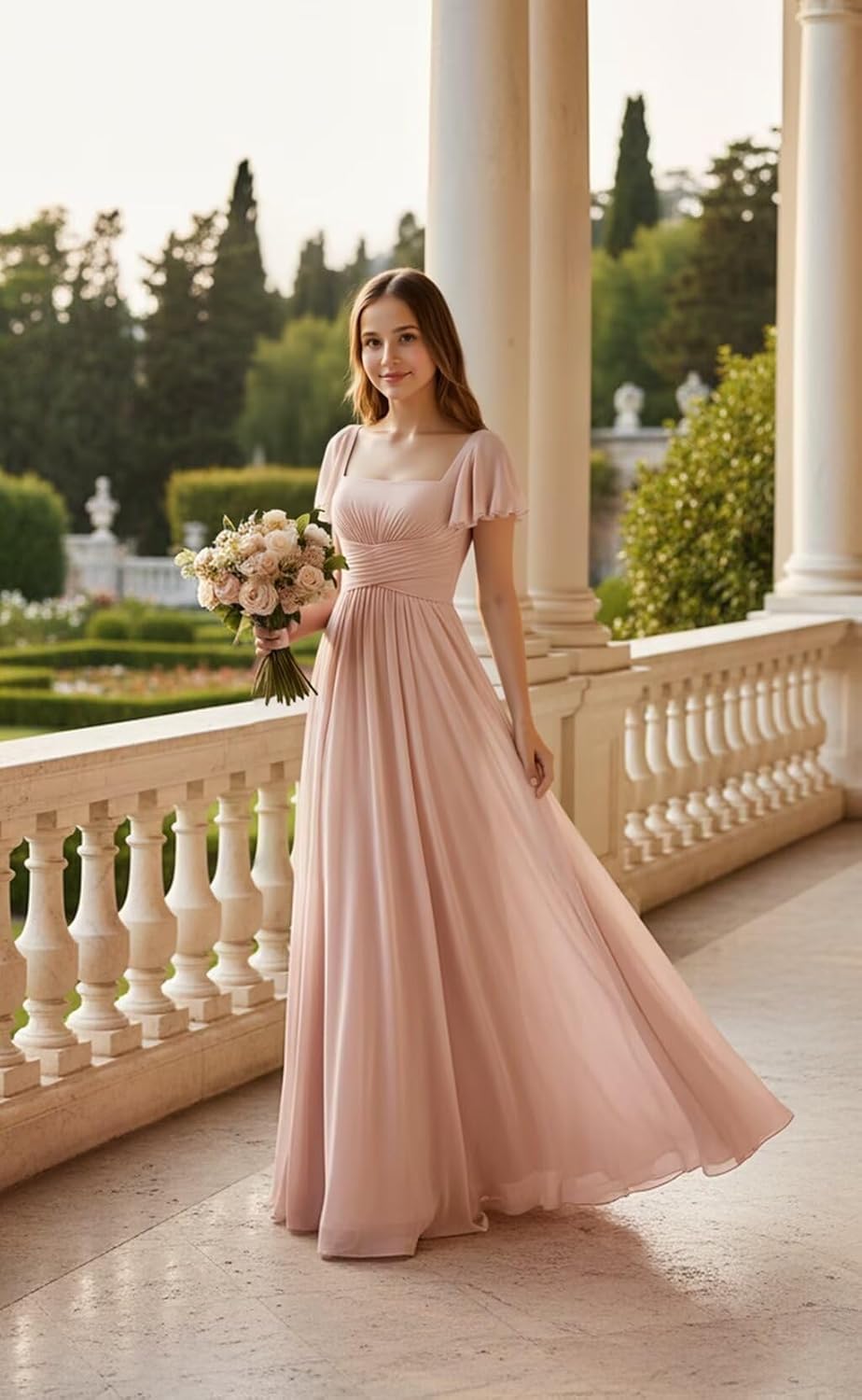 Chiffon Junior Bridesmaid Dresses Long Short Sleeves Flower Girl Dresses Square Neck Girls Wedding Guest Dress
