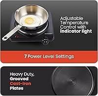 Vista 4 de Elite Gourmet ESB-301BF Countertop Single Cast Iron Burner, 1000 Watts Electric Hot Plate, Temperature Controls, Power Indicator Lights, Easy to
