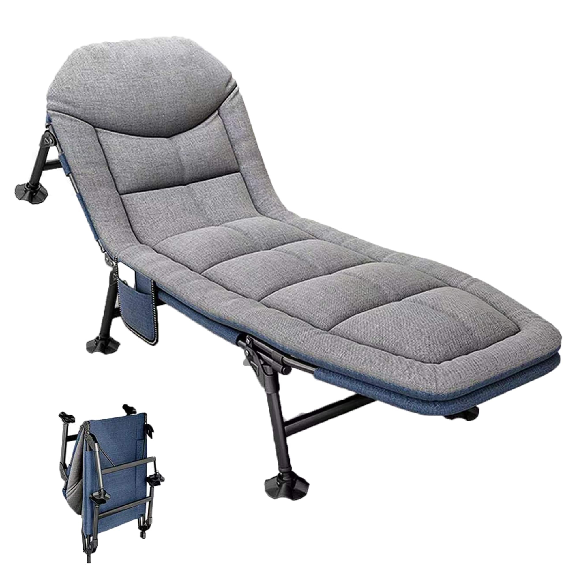Folding Camping Beds for Adults, With Cushion and Pillow camp beds, Garden Chairs, 5-position Adjustable Backrest With Side Pocket, Thicker Tubes Sleeping Cot for Travel/Office/Outdoor