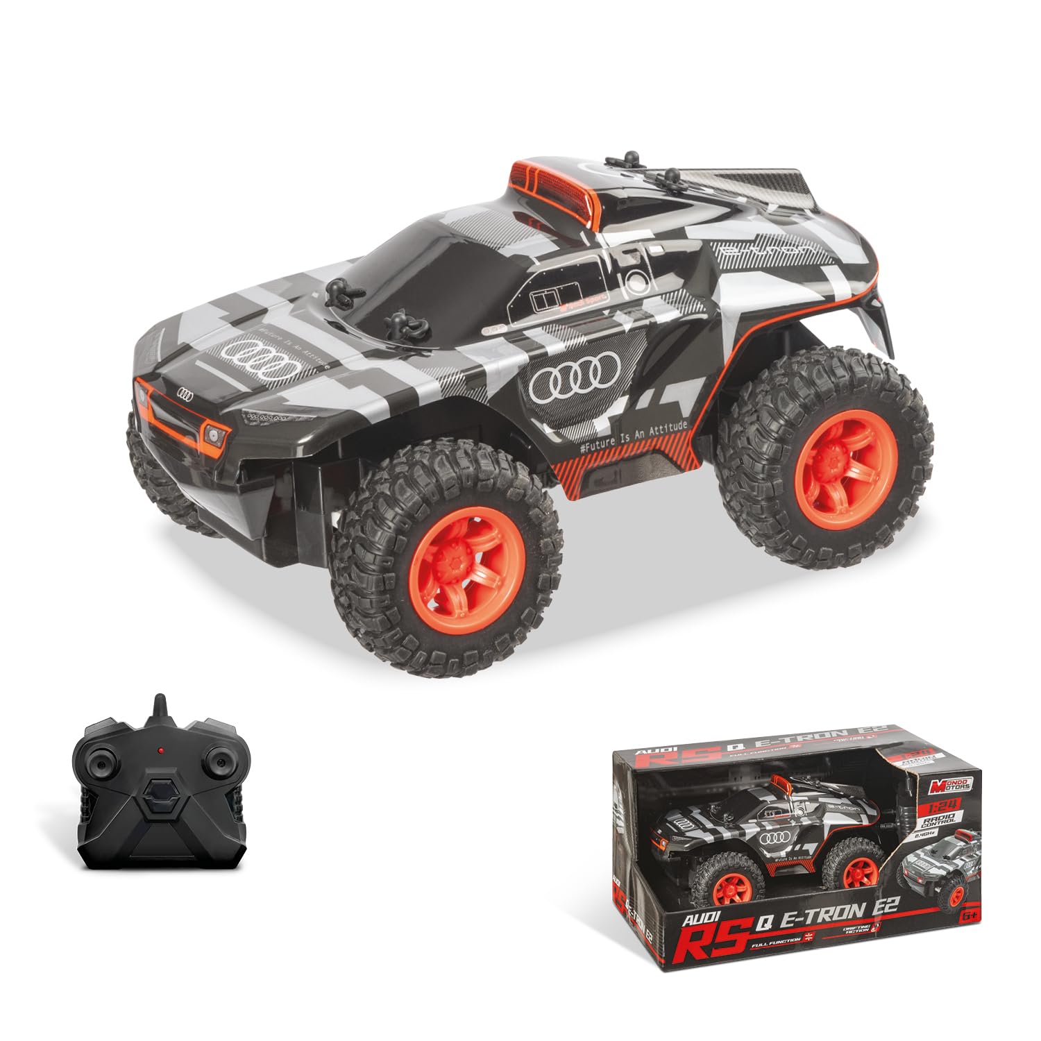Mondo Motors Audi Q Etron París Dakar, Modelo a Escala 1:24, hasta 8 Km/h de Velocidad, Coche de Juguete para niños 63820, Color Gris