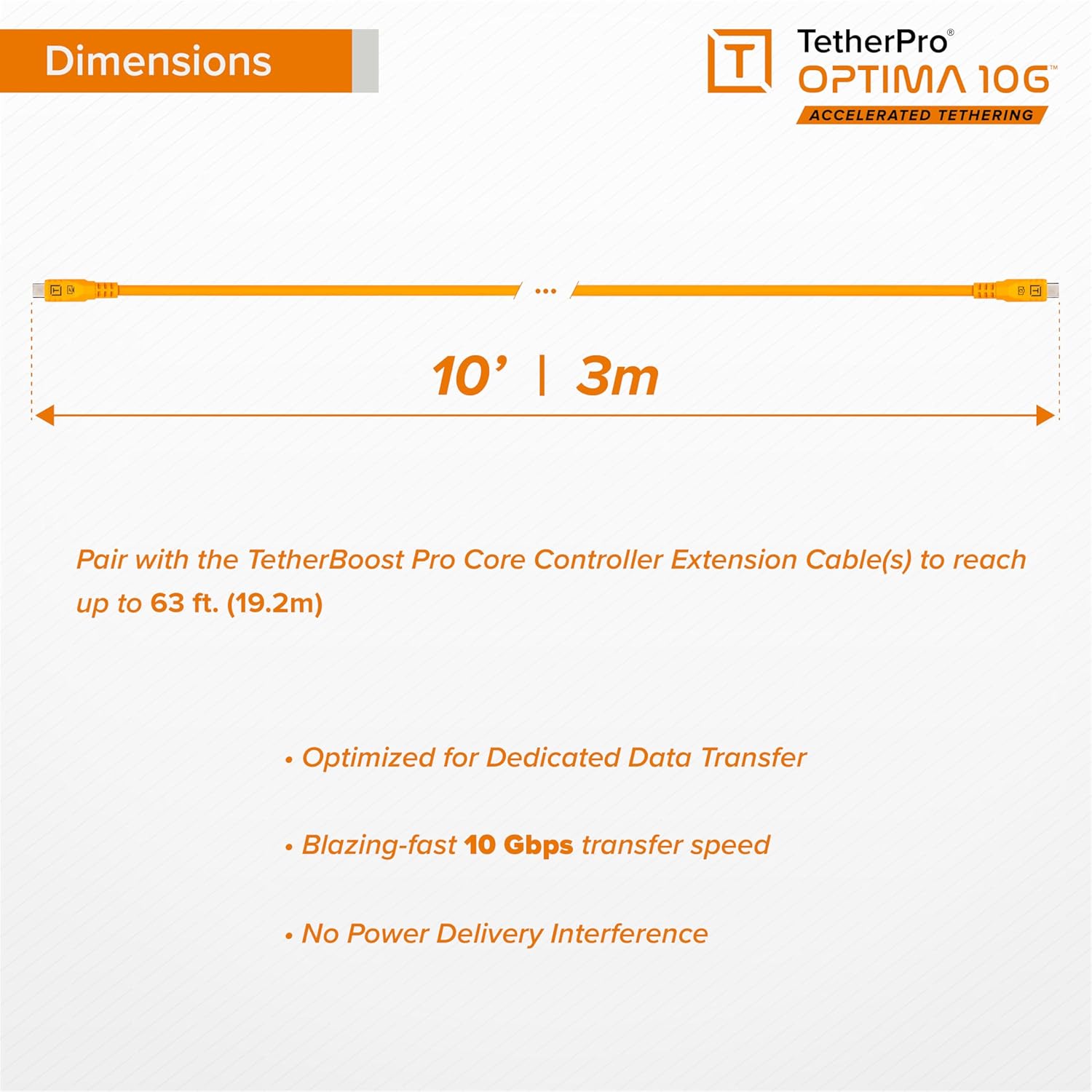 Tether Tools TetherPro Optima 10G USB-C Exclusive Data Transfer, Straight to Straight Cable