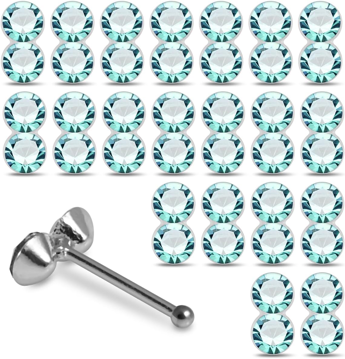 20 Pieces Box Set Double Crystal Stone Design 22 Gauge 925 Sterling Silver Ball End Nose Pin - Nose Stud - Tiny Nose Ring - Nose Piercing Body Jewelry