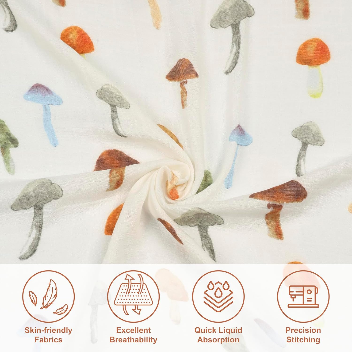 BabyWhale Muslin Swaddle Blankets Neutral, Baby Swaddling Wrap Nursery Blanket for Boys & Girls Neutral, Soft 70% Viscose from Bamboo and 30% Cotton, Large 47 x 47 inches, Mushroom & Rabbit Pattern