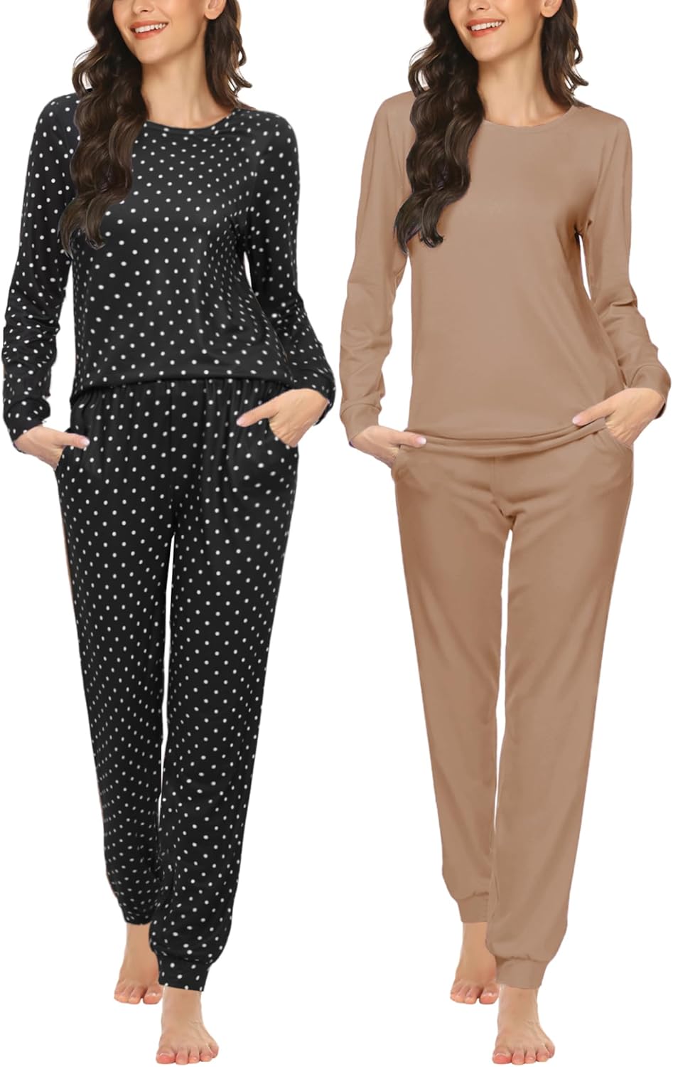 Ekouaer 2 Pack Pajama Sets for Women,Long Sleeve Top With Jogger Pants Lounge Set Sleepwear with Pockets