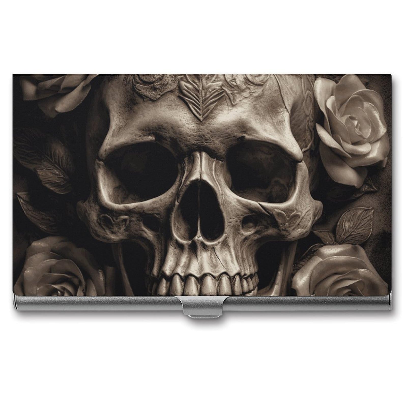 DWVTSLH Leather Rose Skull Business Card Holder, Slim Portable Metal Business Card Case Pocket Wallet Professional Name Cards Holder for 22-30 Cards, Credit Card ID Case/Holder for Men Women