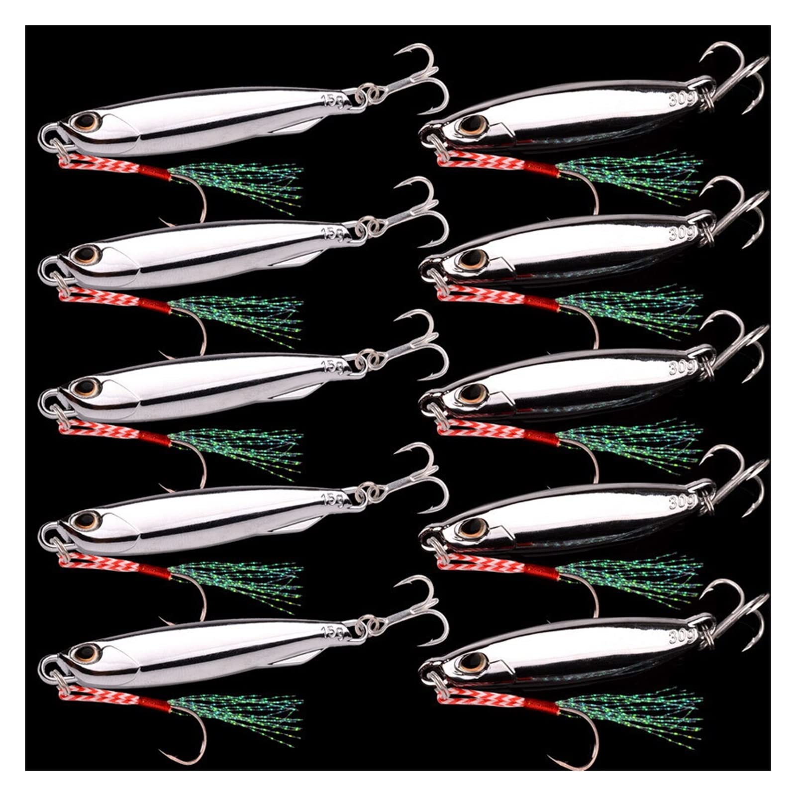 XILILHC Lote De 10 Cucharas De Metal Fundido, 10g, 15g, 20g, 30g, 40g | Juego de señuelos con anzuelo, señuelo de pesca de lubina, cebo Artificial