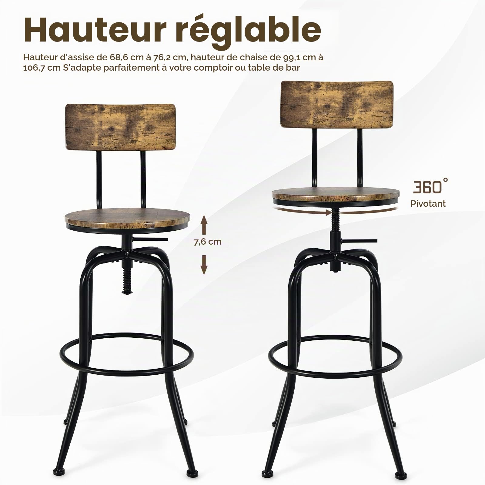 GIANTEX Lot de 2 Tabourets de Bar, Chaises de Bar Hautes Industrielles Pivotant avec Siège Réglable, Dossier et Repose-Pieds en Arc, pour Cuisine, Café, Pub, Bistrot, Marron Rustique + Noir