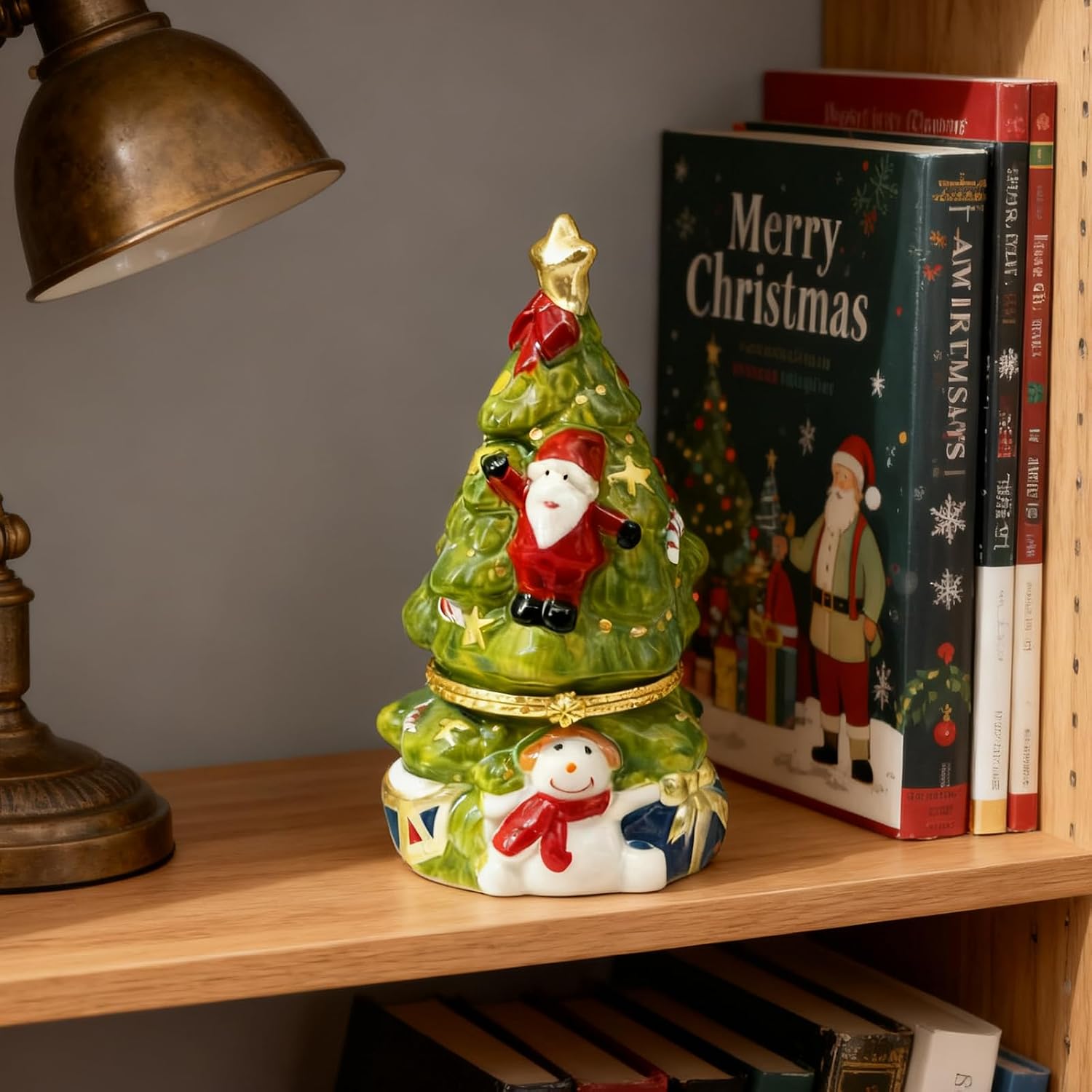 Jewelry Organizer, Jewelry Box, Jewelry Organizers and Storage for Holiday Decor Christmas Tree Ceramic Hinged Trinket Box with Santa and Snowman Design