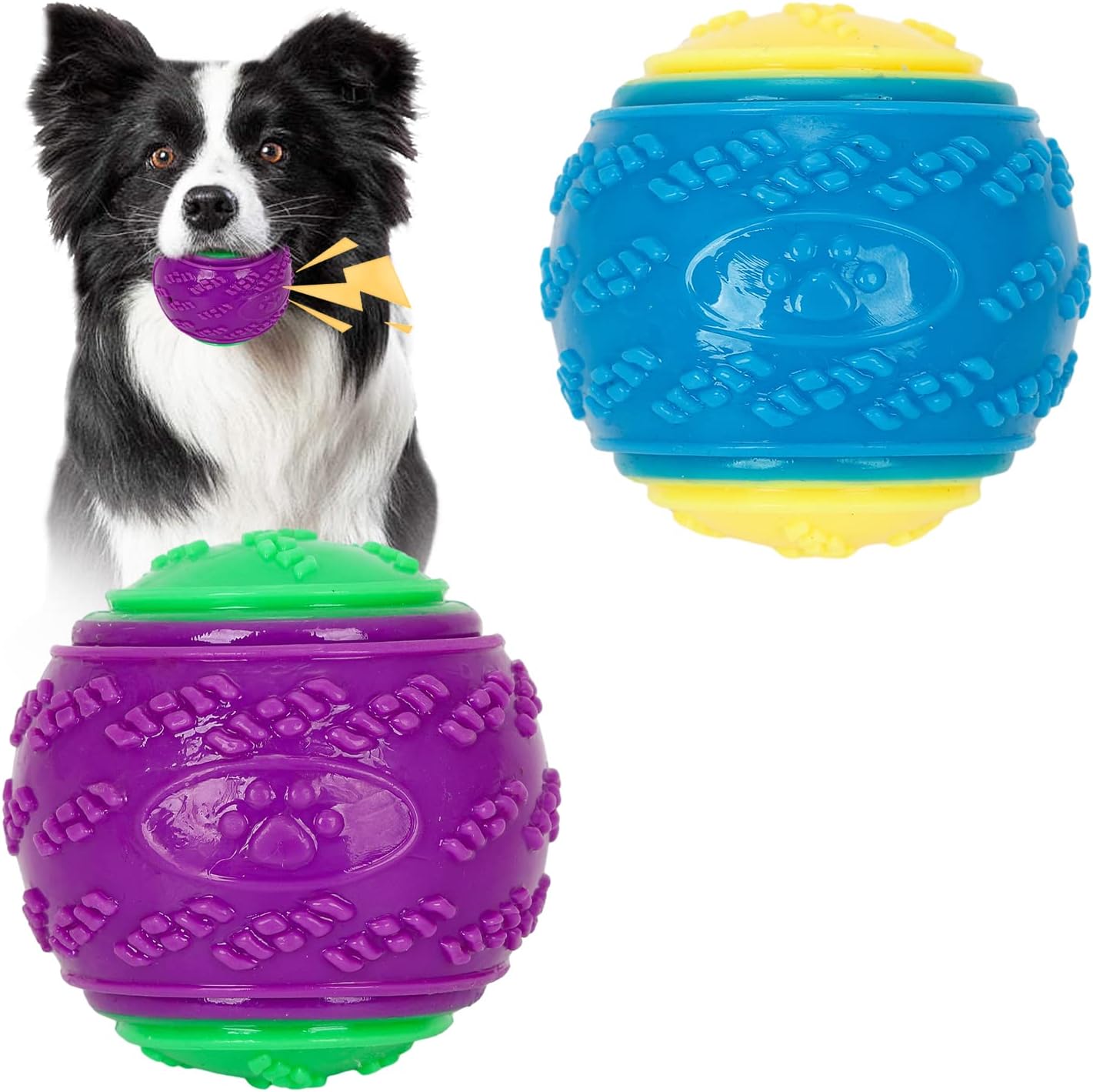 Jodsen Squeaky Dog Ball Toys, 2Pcs Chew Balls Toys Colorful Interactive Fetch for Puppy Pet Training Rubber Bouncy Dogs Boredom, Teeth Clean (Green+Blue)