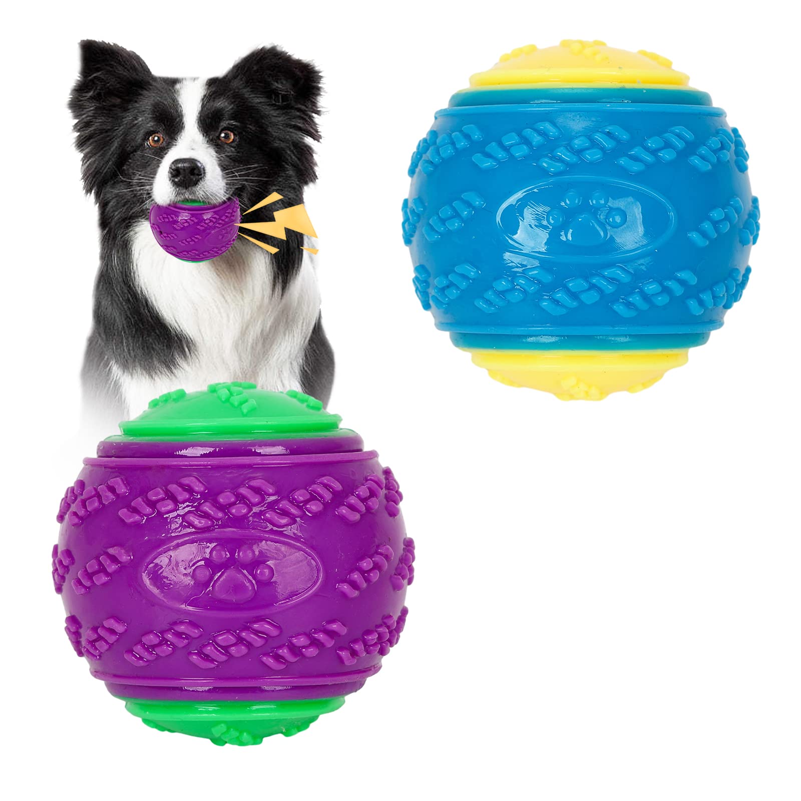 Jodsen Squeaky Dog Ball Toys, 2Pcs Chew Balls Toys Colorful Interactive Fetch for Puppy Pet Training Rubber Bouncy Dogs Boredom, Teeth Clean (Green+Blue)
