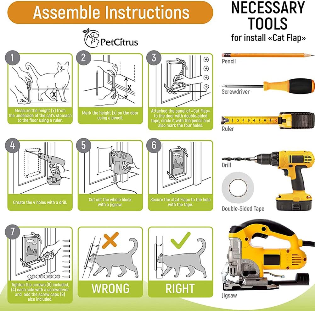 Cat Door Dog Door with 4 Way Locking, Cat Flap Door for Interior Exterior, Quiet Weatherproof Pet Doors,Compatible with Adult Cats and Small Dog, Easy Installation