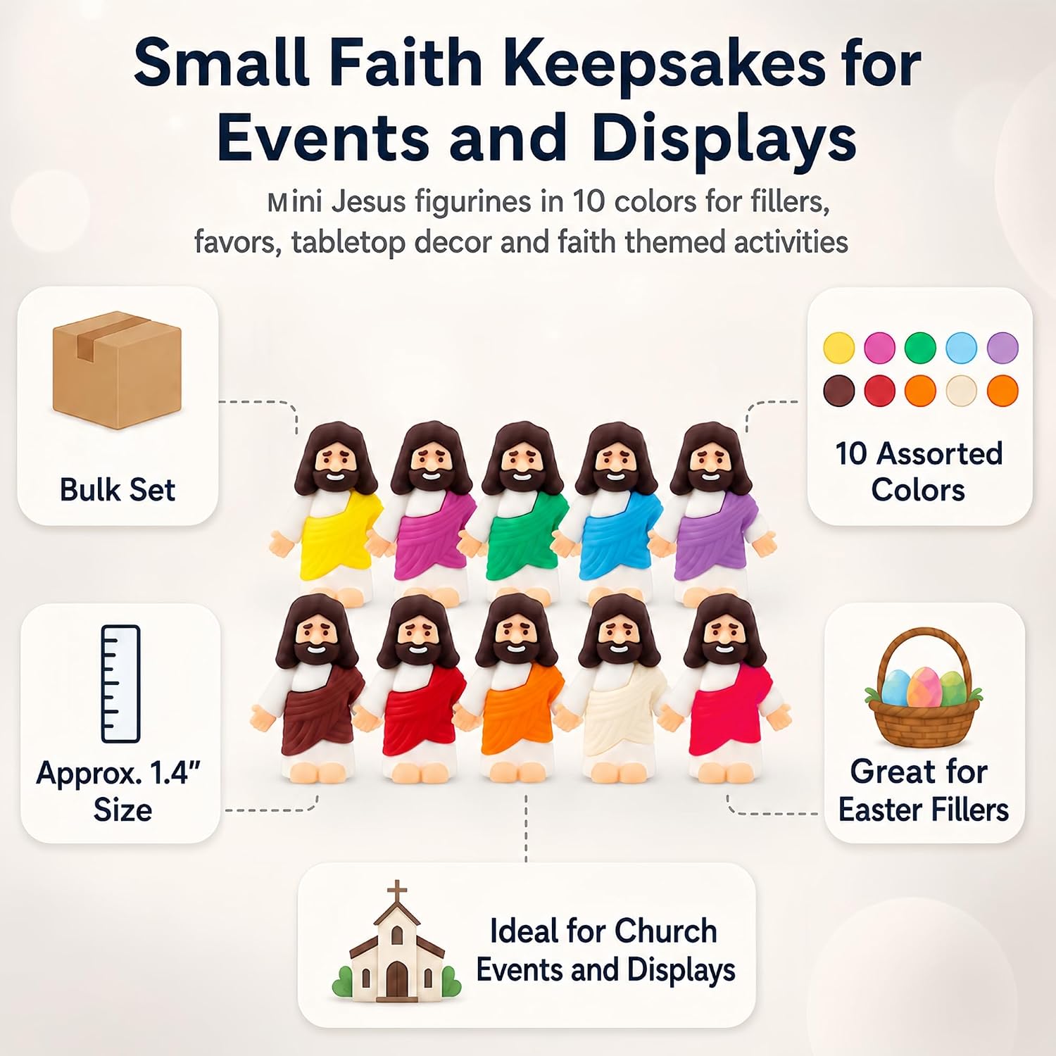 80 PCS Small Jesus Figures Mini, Little Jesus Figures in 10 Colors with White Robe and Color Sash, for Easter Egg Stuffers, Baptism, Sunday School, Church Party Favors, Compact Size image 3