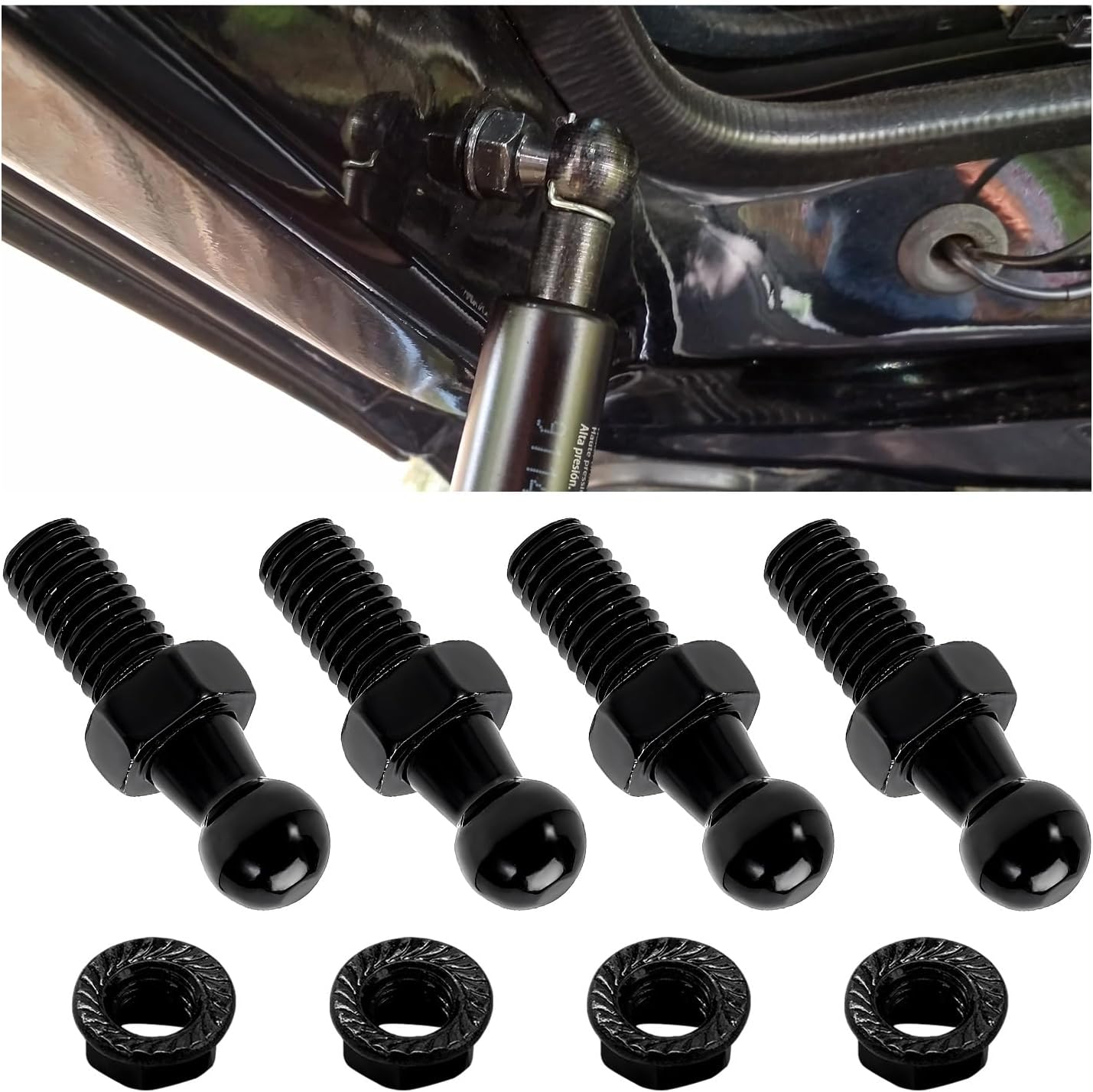 4 PCS 10 mm Ball Stud with Hardware Nuts, 5/16"-18 Thread 9/16" Long Shank Gas Spring Strut Fittings, Carbon Steel Ball Ended Bonnet Gas Strut Mount Studs for Cars Trucks SUVs (Black)