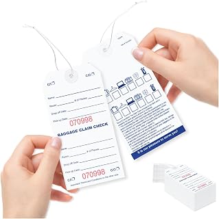 1000 Baggage Claim Check Tags-in English with Images on Uncoated White Tag Cover Stock with Red Consecutive Numbering Elastic Strings Attached to Each tag. Tag Size: 5 1/4" (Height) x 2 5/8" (Width)