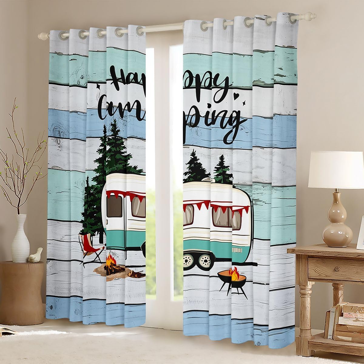 Feelyou Camper Blackout Curtains Happy Camping Darkening Drapes for Bedroom Living Room Decor Camper Accessories for Travel Trailers Thermal Insulated Shades Window Treatments, 2 Panels 38 x 45 Inch image 2