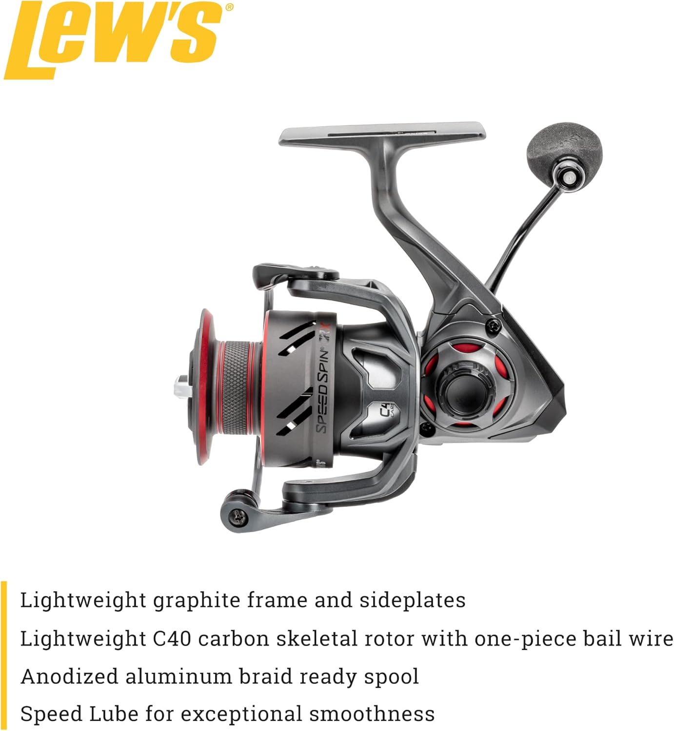 Lew’s Speed Spin CRX Spinning Fishing Reel, 8+1 Bearings, Graphite Frame and Sideplate, Solid Brass Speed Gears, Speed Lube, Multi-Disc Drag, Gray/Red