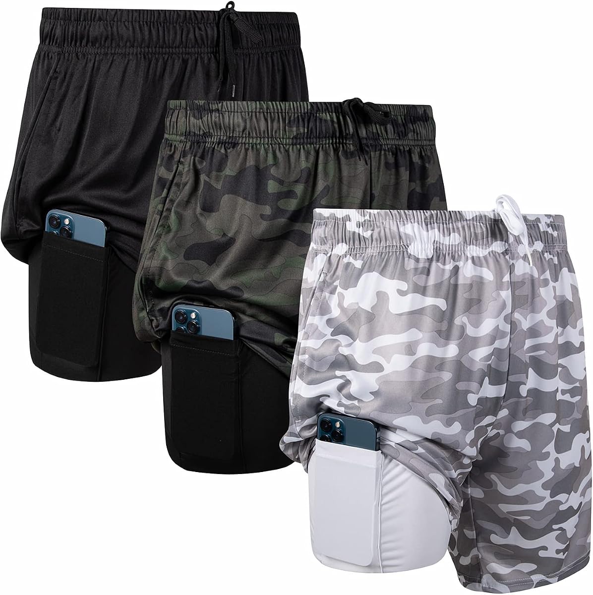 Paquete de 3 pantalones cortos de entrenamiento para hombre Ultra Performance Pantalón corto con forro de compresión 2 en 1 | 100% poliéster, tejido de secado rápido que absorbe la humedad; bolsillo para teléfono integrado en el forro; ideal para gimnasio, correr, baloncesto