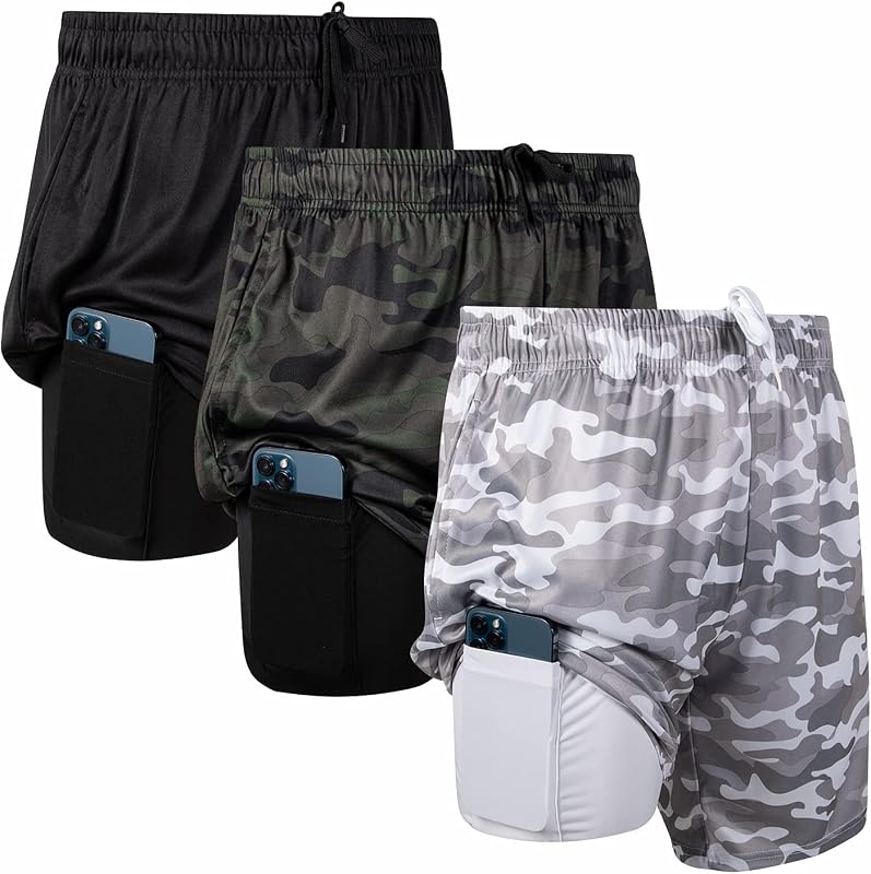 Paquete de 3 pantalones cortos de entrenamiento para hombre Ultra Performance Pantalón corto con forro de compresión 2 en 1 | 100% poliéster, tejido de secado rápido que absorbe la humedad; bolsillo para teléfono integrado en el forro; ideal para gimnasio, correr, baloncesto