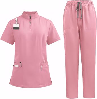 Scrub Set Medical Uniform Set Unisex Medical Scrubs Polyester Zipper Neck Top Stretch Pants 4 Pockets Breathable Quick Dry Anti Pilling DK50