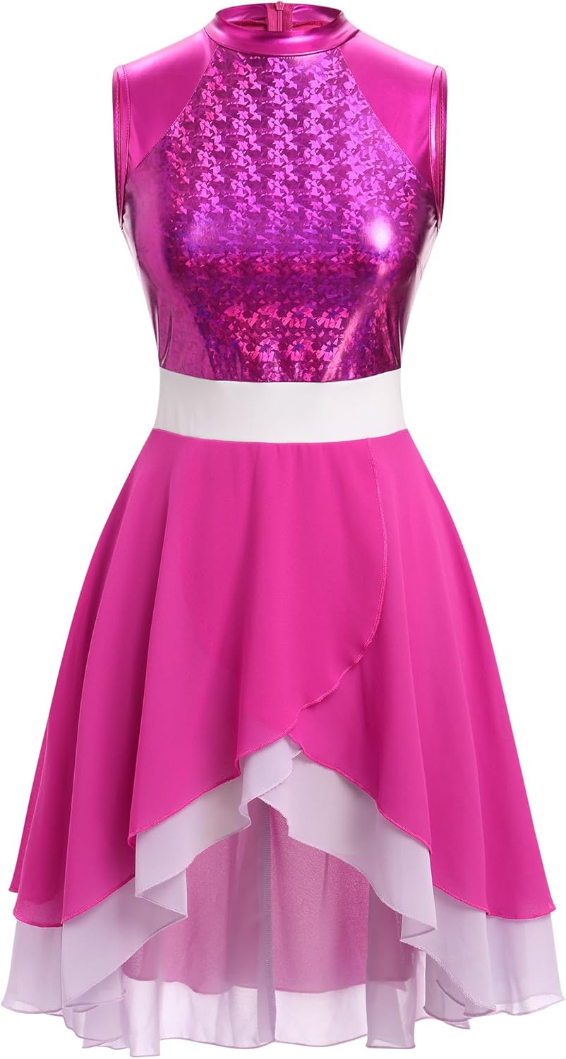 IBAKOM Women Praise Dance Overlay and Tunic Metallic Flowy Chiffon Skirt Worship Outfit Color Block Liturgical Dancewear