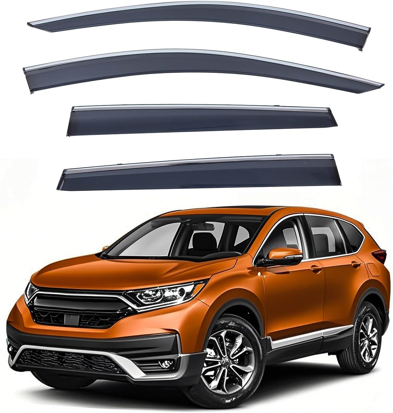 Deal 4-Piece Set Outside Mount Tape On/Clip On Type Smoke Tinted Sun/Rain Guard Vent Window Visors with Chrome Trim Compatible with 2017-2022 CR-V All Models