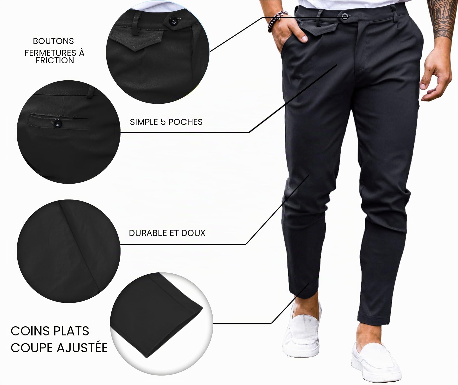 Pantalon chino en coton pour homme - Coupe ajustée - Décontracté - Stretch - Pantalon à enfiler