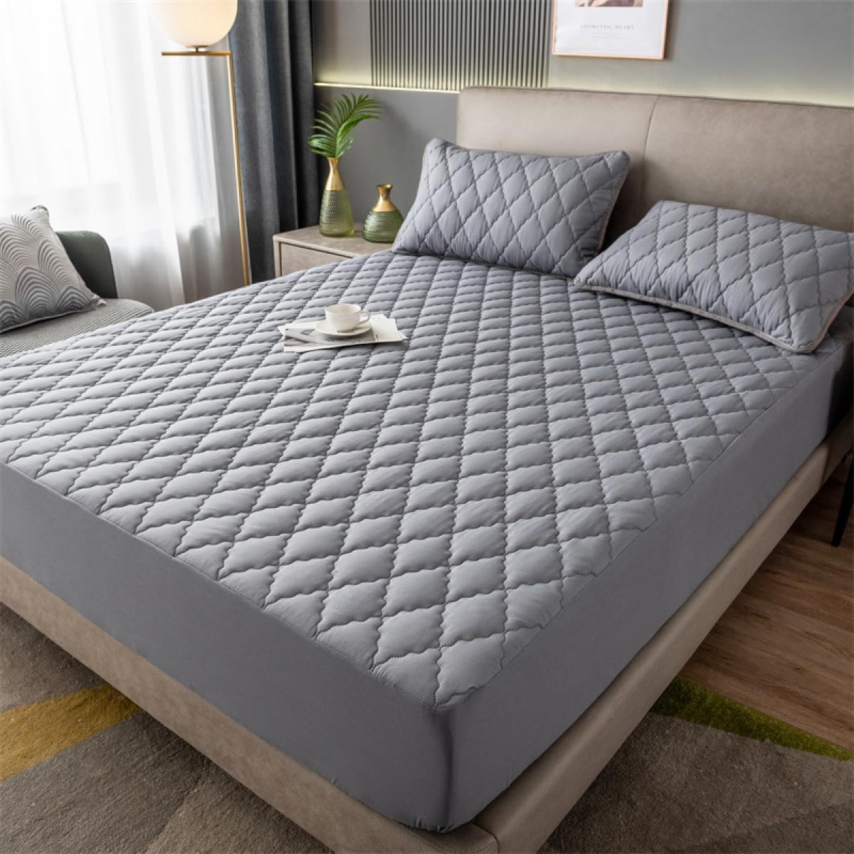 Mattress Protector Fitted Sheet Quilted Mattress Cover Thickened Waterproof Anti-slip Mattress Topper with Elastic Deep Pocket Cooling Mattress Dustproof Covers, Gray-1