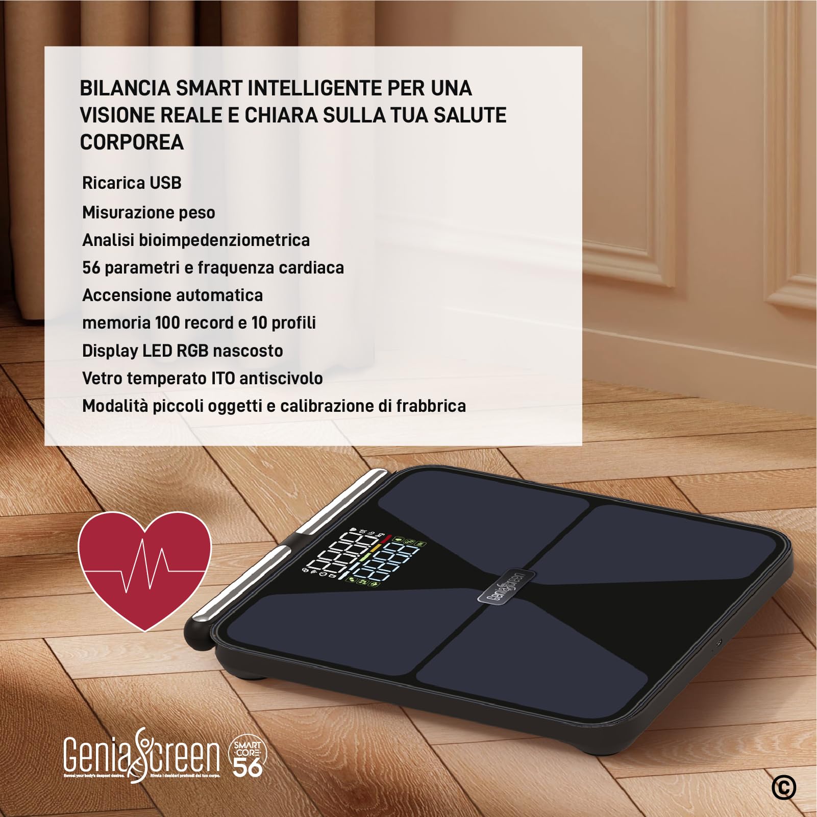 Bilancia Impedenziometrica Smart Wi-Fi Pesapersone Digitale Ricaricabile 56 Misurazioni Vetro Temperato 32x30cm Portata 180Kg GeniaScreen SmartCore Display LED - Massa Muscolare Grasso BMI Bluetooth