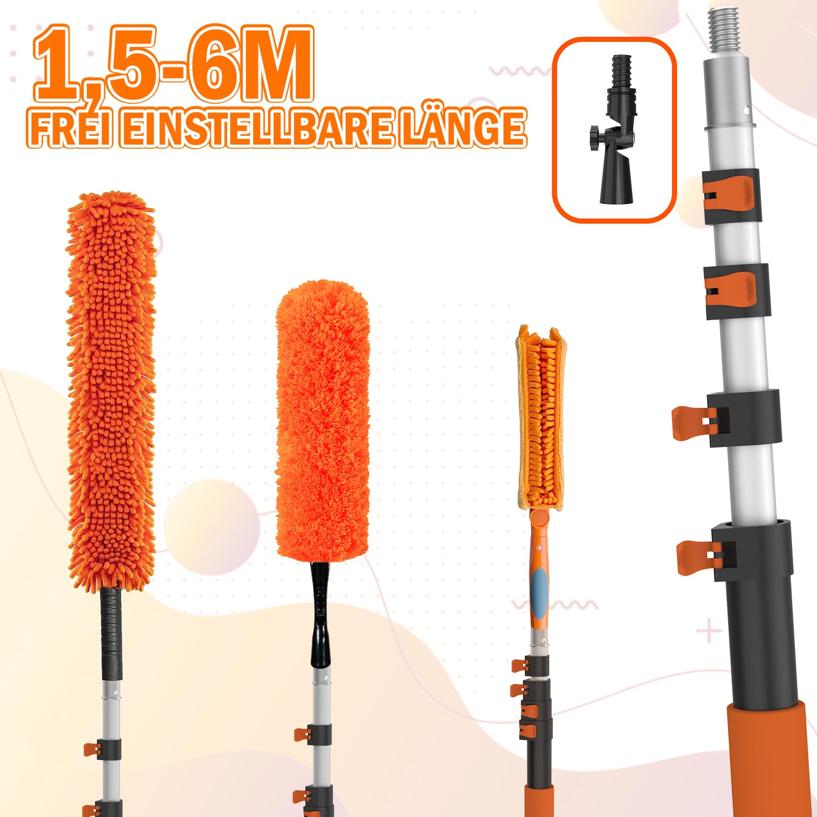 LAANPOLE 6M Staubwedel Teleskop Waschbar, Spinnwebenbesen mit Teleskopstiel, Staubwedel lang mit austauschbarem Reinigungstuch zum Reinigen von Deckenventilatoren, Decken, Lücken