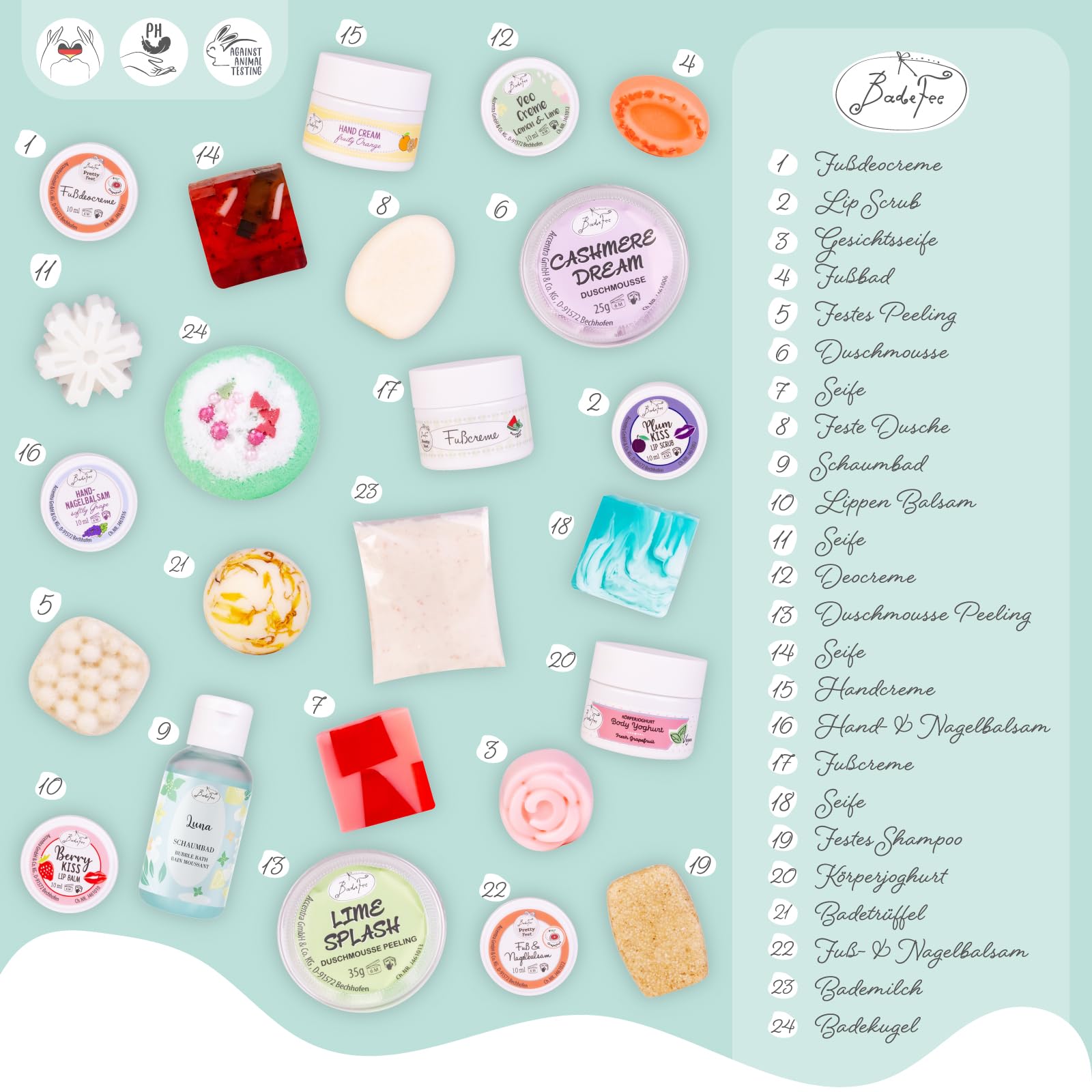 Calendario dell'Avvento BadeFee "Schiaccianoci" 2025 con 24 prodotti cosmetici: mousse doccia, crema deodorante, crema mani - senza parabeni e siliconi - fatto a mano in Germania