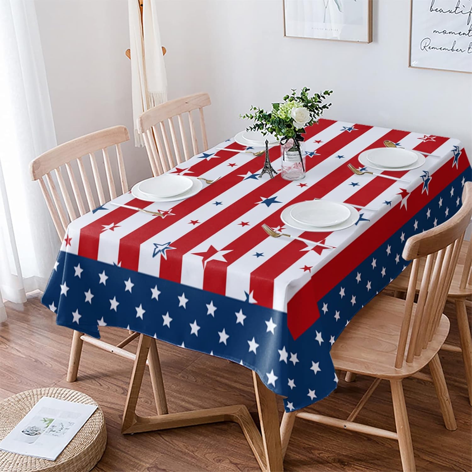 Rectangle Patriotic Tablecloth 52x70inch Happy Independence Day Vinyl Table Covers Waterproof Oilcloth Table Decor Fourth of july Farmhouse Tablecloths for Holiday Parade Celebrations Wedding Party